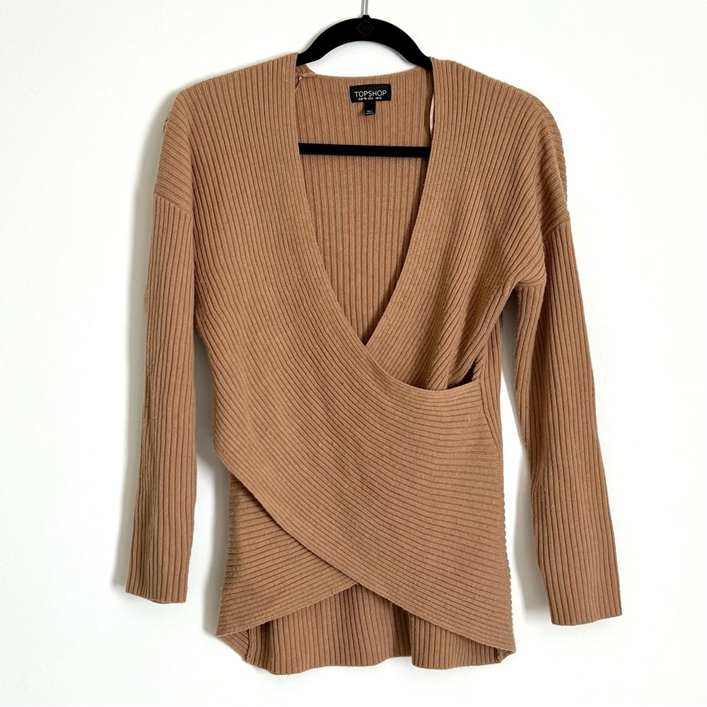 Topshop camel crossover knit top.